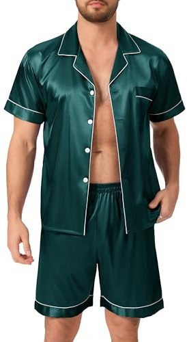 Lovasy Mens Pyjamas Set 2 Piece Silk Satin Pjs Set Button Down Pajamas for Men Short Sleeve Sleepwear and Loungewear
