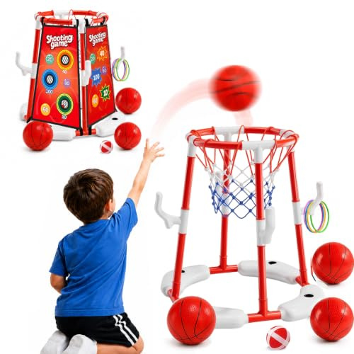 Canasta de baloncesto para piscina 3 en 1 al aire libre, canasta de baloncesto flotante, juguete para piscina con 4 pelotas de baloncesto, 12 bolas de lanzamiento, 12 aros, juguete de piscina para