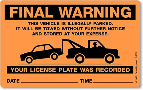 SmartSign 50-Pack Write-On Final Warning Parking Violation Stickers, 5 x 8, Vehicle Illegally Parked Sticker Tickets with Permanent Adhesive, Fluorescent Orange, USA-Made