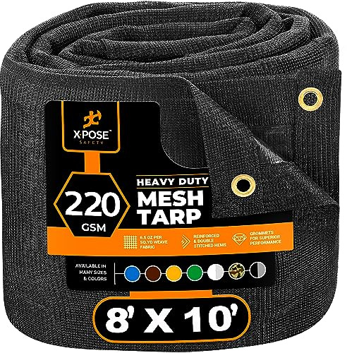 Xpose Safety Heavy Duty Mesh Tarp – 8’ x 10’ Multipurpose Black Protective Cover with Air Flow - Use for Tie Downs, Shade, Fences, Canopies, Dump Trucks – Tear Resistant