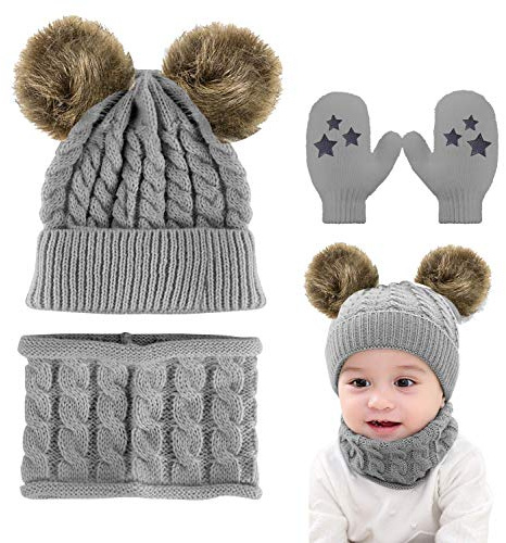 Yutdeng Baby Toddler Knit Beanie Neck Warmer Gloves 2PC/3PC Beanie Hats Mittens with Circle Scarf Baby Winter Warm Pompom Cap 0-24 month