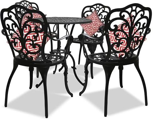 Centurion Supports BANGUI Luxurious Garden & Patio Table & 4 Large Chairs with Armrests Cast Aluminium Bistro Set - Black