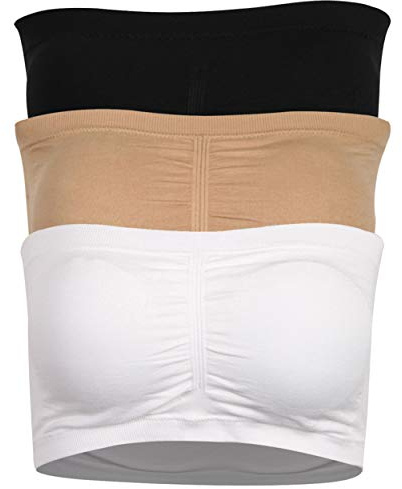 DD DEMOISELLE Summer Wireless Bandeau Bras for Women, Removable Pads Bra Strapless Seamless Sports Bra 3-Pack Black Beige White L