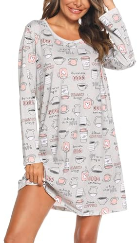 ENJOYNIGHT - Camicia da notte da donna a maniche lunghe, in cotone, con stampa, biancheria da notte, camicia da notte per donna, XL