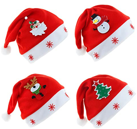 Zuzer 4 Piezas Gorros de Navidad Sombreros de Navidad Sombrero Rojo de Santa Gorro de Papá Noel Papa Noel Sombrero para Adultos y Niños