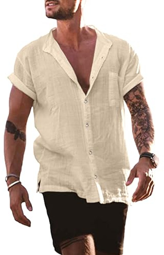 YAOBAOLE V Neck Hippie Casual Beach Yoga Lightweight Shirt for Men Casual Summer Shirt Khaki M