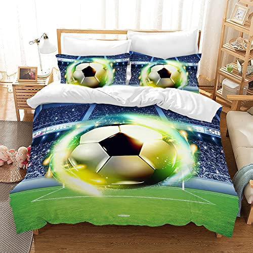 PQCXXA Fußball Bettwäsche für Kinder, 3 Teilig Jungen Teenager Sport Bettbezug-Set,3D Fußball Bedruckte Microfaser Bettbezüge mit Reißverschluss und 2 Kissenbezug 50x75cm (A2, 135x200cm)