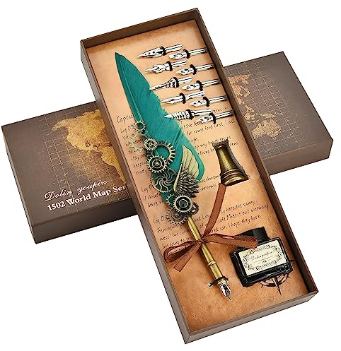 Hethrone Calligraphy Pens - Caligraphy Pens for Writing Feather Pen Quill Pen and Ink Set with Black Ink 10 Replaceable Nibs Gift Set (Green)