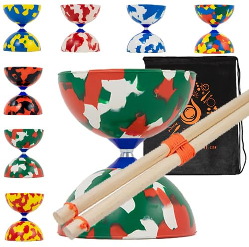 Juggle Dream Jester Diabolo Set with Wood Sticks - Pro Medium Rubber Diablo Set With Wooden Handsticks and Cascade Carry Bag (Red, White and Green)