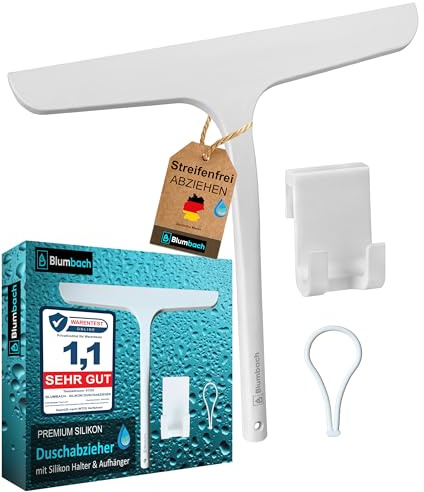 BLUMBACH® Abzieher Dusche mit Halterung, Duschabzieher weiß 28 cm breit Dusch Abzieher Wischer Silikon mit Edelstahl Kern, Duschkabinenabzieher, Wasserabzieher, Shower Squeegee, Scheibenabzieher