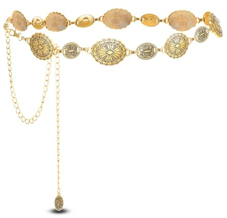 LIHIQIYA Damer Concho kedjebälte guld, halloween midjekedja turkos midjebälte justerbart mode höftkedja metall västerländsk cowgirl bälte för kvinnor halloween kostym klänning, Gold-110cm, Metall