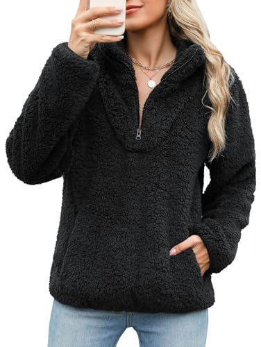 RITOSTA Felpa Senza Cappuccio in Pile Donna Peloso Giacca Invernale Autunno Termico Pullover Tops Maglione Invernali Sweatshirt Felpe con Zip Tasche Casual Hoodies Manica Lunga (Nero,XXL)