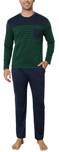 Irdcomps Pigiama Uomo Invernale Pigiami da Uomo Invernali Cotone Righe Set Pigiama Leggero Lungo Maniche Lunghe 2 Pezzi Pantaloni Lunghi con Tasche Verde M