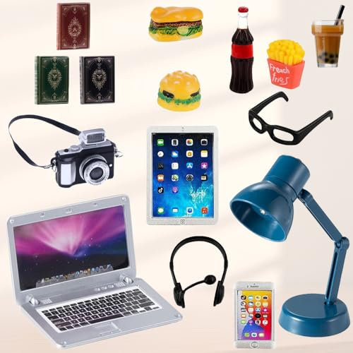 Abiemuce 15 Stück Puppenhaus Miniatur Laptop, 1:12 Simulation Laptop Tablet Smartphone Mini, Miniatur Wichtel Zubehör, Puppenhaus Szene Simulation für Barbie-Puppe, Mädchen, Mini, Getränk, Party, Büro