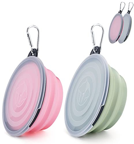 2 cuencos plegables de viaje, para mascotas, con tapa y gancho, cuenco portátil de silicona para gatos, perros, viajes, senderismo y camping (azul y rosa, pequeño)