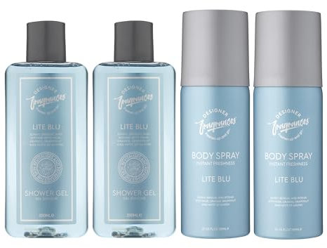 Designer Fragrances Lite Blu Men's Bundle - Each Package Includes 2 x 150ml Body Spray Deodorant Cans - 2 x 250ml Shower Gels - For Instant Freshness - Long Lasting Smell - Great Male Gift Sets