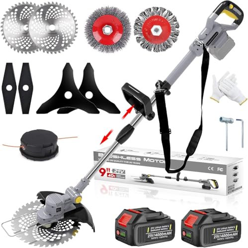 Cordless Grass Trimmer, Cordless Strimmer with 5 Types of Blades and 2 x 4.0Ah Battery, 21V Strimmer, Cutting width 25cm, for Lawn Garden Pruning (Gray)