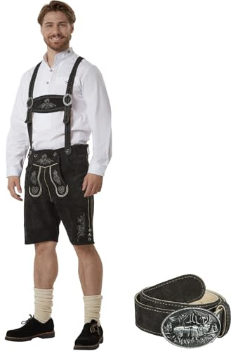 dressforfun, Pantaloni Corti e Lunghi in Pelle Uomo, Lederhosen Oktoberfest, Costume Bavarese, Pelle Bovina Resistente, con Bretelle e Cintura, Ricami Tradizionali, Bottoni Osso, Trachten