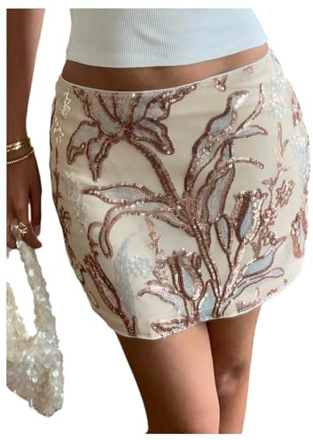 MakeMeChic Women's Sequin Mini Skirt Floral Bodycon Glitter Summer Y2K Party Short Skirts Apricot Medium