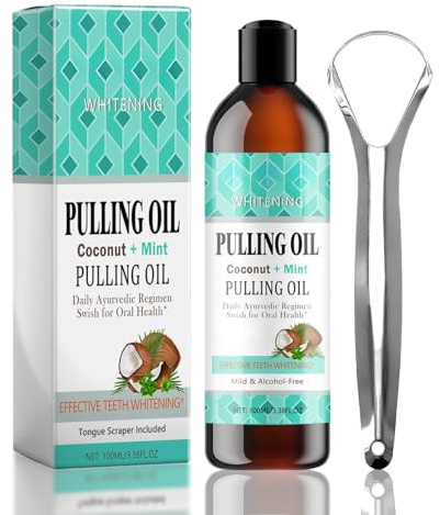 Coconut Oil Pulling Mouthwash with Tongue Scraper - Natural Mint Flavoured for Teeth Whitening - Fresh Breath & Gum Disease Care - Alcohol Free Oral Rinse for Adults (100ml)