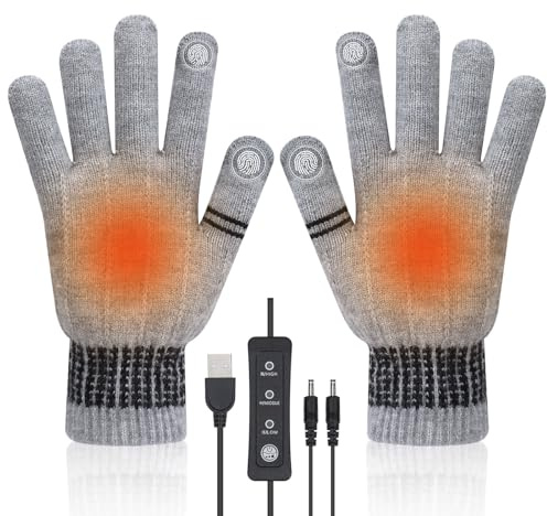 Victop Chauffants USB pour Hommes Femmes Chauffantes Tricotées avec 3 Températures Écran Tactile Gants d'ordinateur Portable Gants Chauffe Mains pour Cadeau d'hiver pour L'intérieur Extérieur (Gris)