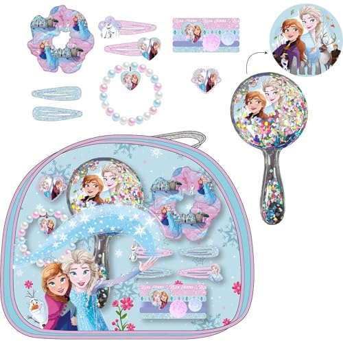 Trousse de Toilette pour Enfant La Reine des Neiges - Kit de Coiffure pour Enfant avec Bandeaux, Clips, Miroir et Bracelet Elsa et Anna