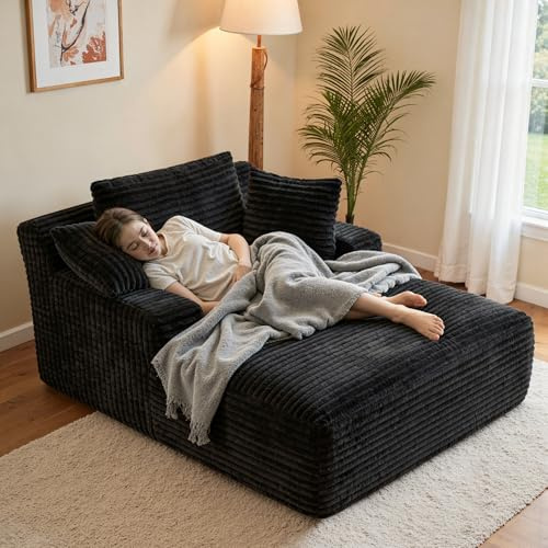 Aivermeil Boneless Couch Modernes Cord Bodensofa mit Schlaffunktion – Cloud Sofa mit Chaiselongue, 3 Kissen, Bequeme Sofa Couch für Wohnzimmer, Keine Montage erforderlich, Schwarz, 172 * 130 * 71