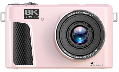 VELATEMOR 8K Digital Camera for Photography WiFi 88MP, 3 Inch Ultra HD 180° Flip Screen with 18x Zoom Auto Focus Travel Camera, Multiple Filters Fill Light for Live Streaming (Pink)