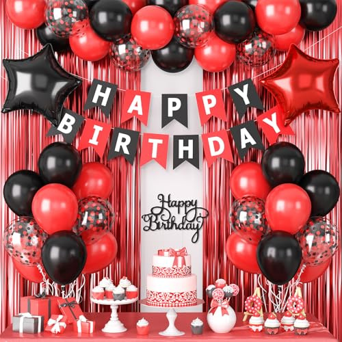 Red and Black Party Decorations for Men Women Boys Girls, Red Black Confetti Balloons 'HAPPY BIRTHDAY' Banner Fringe Curtains Foil Balloons Cake Topper for Birthday Party Decor
