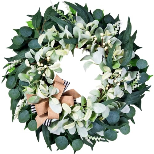 Artificial Wreaths for Front Door Year Round, 20-22 Green Eucalyptus Spring Summer Wreath with Lamb’s Ear Willow Ficus Leaves Bow, Modern Farmhouse Home Decor Porch Indoor Outdoor