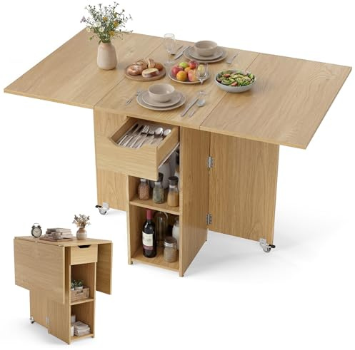 GIANTEX Klapptisch Küche, Klappbarer Esstisch Klein, Mobiler Küchentisch mit 2 Rädern, 120x72x75cm, Esszimmertisch für 4-6 Personen, Ausklappbarer Tisch für Klein Räume, Küchentisch Holz mit Schublade