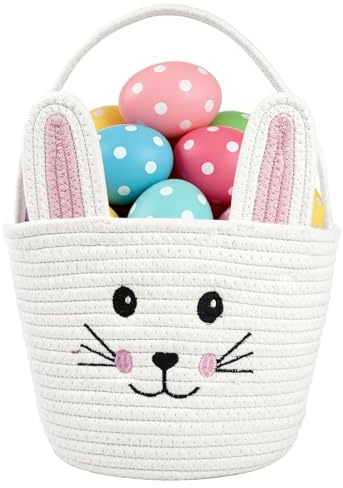 Empty Easter Bunny Basket with Handle - Kids Infant Baby Easter Gift Basket for Toddler Boys Girls (white rabbit)