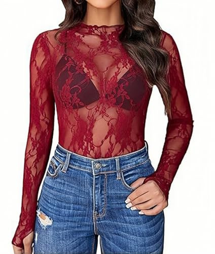 ROSVAJFY Women's Transparent Top, Long Sleeve Lace Floral Mesh Blouse Mock Neck Elegant Shirt for Casual, Holiday, Rave (UK, Alpha, L, Regular, Regular, Burgundy)