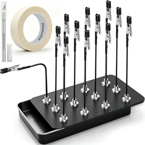 JYUDAUFU Dritte Hand Löten 12 Stück Krokodilklemme und 1 Stück Magnetischem, Sockel Modellbau Ständer Set mit Klebeband und Bastelmesser, für Platinenhalter, Elektronik, Hobbyarbeiten (Schwarz)