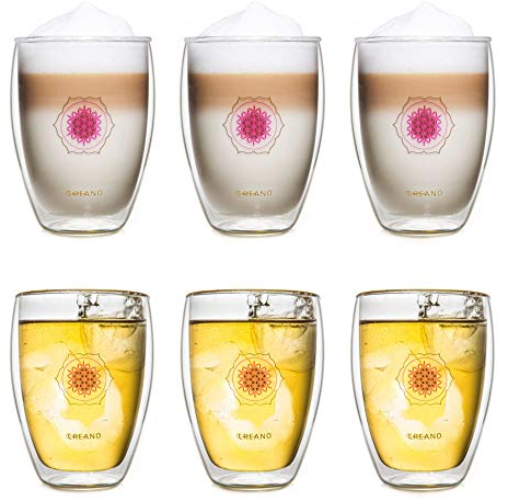 Creano doppelwandiges Tee-Glas, Latte Macchiato, Thermobecher Blume des Lebens | 250ml, in exklusiver Geschenkbox 6er Set