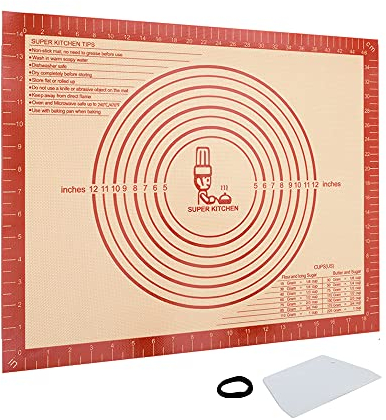 SUPER KITCHEN Tapete de Silicona Antiadherente para Pastelería con Cortador de Masa, Esistentes al Calor Tapetes para Amasar y Hornear, Bandeja Pasta, Fondant, Para Pan, Pizza Horno (50x40 cm, Rojo)