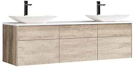 StoneArt Badmöbel Set Mineralguss Waschbecken Waschschale Aufsatzwaschbecken und Unterschrank Waschtisch Einzel- oder Doppelwaschbecken Venice VE-1800pro-1 Eiche hell 180cm