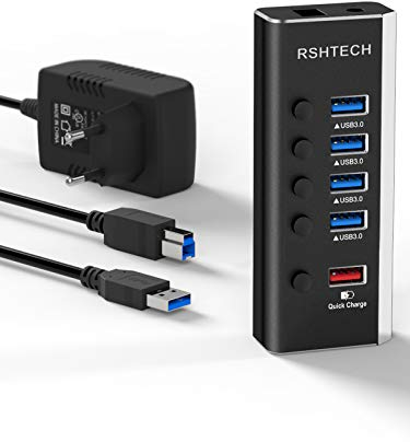 RSHTECH Aluminium USB Hub Aktiv 3.0 mit 24W Netzteil, mit 1*Schnellladeanschluss, 4*USB 3.0 Datenanschlüssen, 5-Port USB Verteiler mit 12V/2A Netzteil, für Aufladen und Datenübertragung, RSH-A35