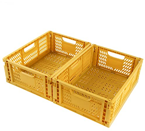 Spesh 2 scatole portaoggetti pieghevoli, grandi, impilabili, in plastica, pieghevoli, per scrivania, scaffale, cassetto (giallo, 40 x 30 x 15 cm)
