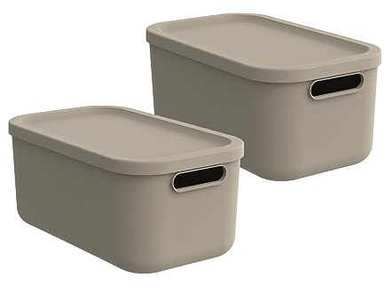 Rotho Albula light 2er-Set Aufbewahrungsbox 12l mit Deckel, Kunststoff, beige