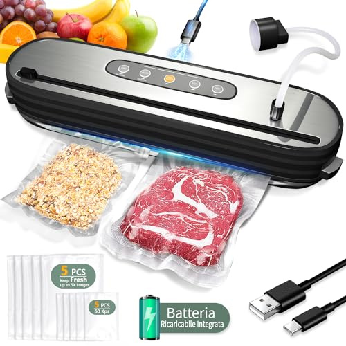 Macchina Sottovuoto per Alimenti, Sigillatore Sottovuoto, Ricaricabile con 5 Modalità 10 Sacchetti Sottovuoto Taglierina Incorporata Portatile Sigillatrice Sottovuoto per Alimenti Secchi e Umidi