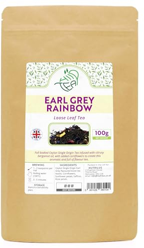 Earl Grey Rainbow Loose Leaf Tea – Premium Ceylon Black Tea Infused With Bergamot Oil - with Saffron & Cornflowers & Sunflowers & Rose (Rainbow, 100g)