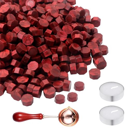 Siegelwachs Set, 400 Stück Siegelwachs, Wachssiegel Stempel Set, mit 1 Wachsschmelzlöffel,Achteck Siegelwachsperlen, für Wachs Siegel Stempel, Brief Perlen - Rot