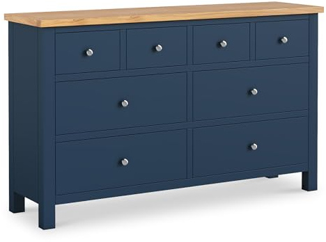 Farro XL Navy Blue 8 Drawer Chest of Drawers for Bedroom with Oak Top | Roseland Furniture Large Wide Contemporary Painted Solid Wood Storage Unit with 8 Draws | Ready Assembled