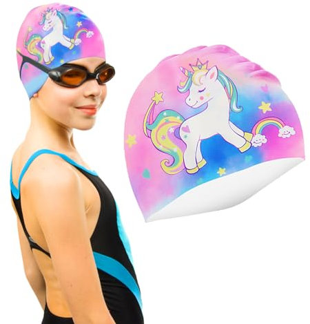 Bonnet de Bain Enfants, RISVOWO Bonnet de Natation en Silicone, Unisexe Bonnet Piscine, Doux et Résistant, Bonnet de Natation pour Garçons et Filles De 5 à 12 Ans (Unicorm)