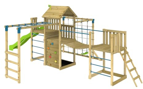 TP Toys Holz Spielturm Wolkenkratzer | Spielturm mit Rutsche, Schaukel und Klettergerüst | Natur | 760x440x270 cm