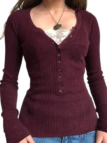 EMMIOL Ribbed Knit Henley Shirts for Women - Long Sleeve V Neck Button Y2k Tops Slim Fit Casual Work Lace Tunics Blouse, 2-Wine red, XL