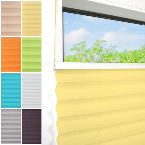 Plissee Ohne Bohren klemmfix,80x120cm（BxH,Gelb,Easyfix Faltrollo mit Klemmträger, Klemmfix ohne Bohren, Lichtschutz, Verschpannt