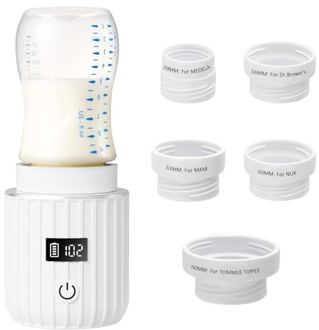 Flaschenwärmer Baby Unterwegs, Reiseflaschenwärmer mit Display für Babymilch, 5 Adapters, 4 Temperaturstufen, Elektrischer Flaschenwärmer für Muttermilch Tragbarer Flaschenwärmer für Reisefreundlich