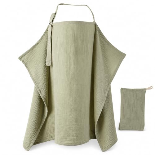 Dimoxii Breastfeeding Nursing Cover for Mom and Baby, Muslin Nursing Clothes with Adjustable Straps, Cotton Privacy Shields Blanket Apron for Breast Feeding, Baby Stroller Cover for Car Seat (Green)